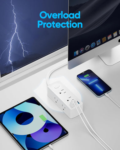 2 Prong Flat Plug Power Strip, Olcorife 2 Prong to 3 Prong Outlet Adapter, 5 FT Flat Extension Cord with 6 Outlets 3 USB Ports(1 USB C), US to Japan Plug Adapter