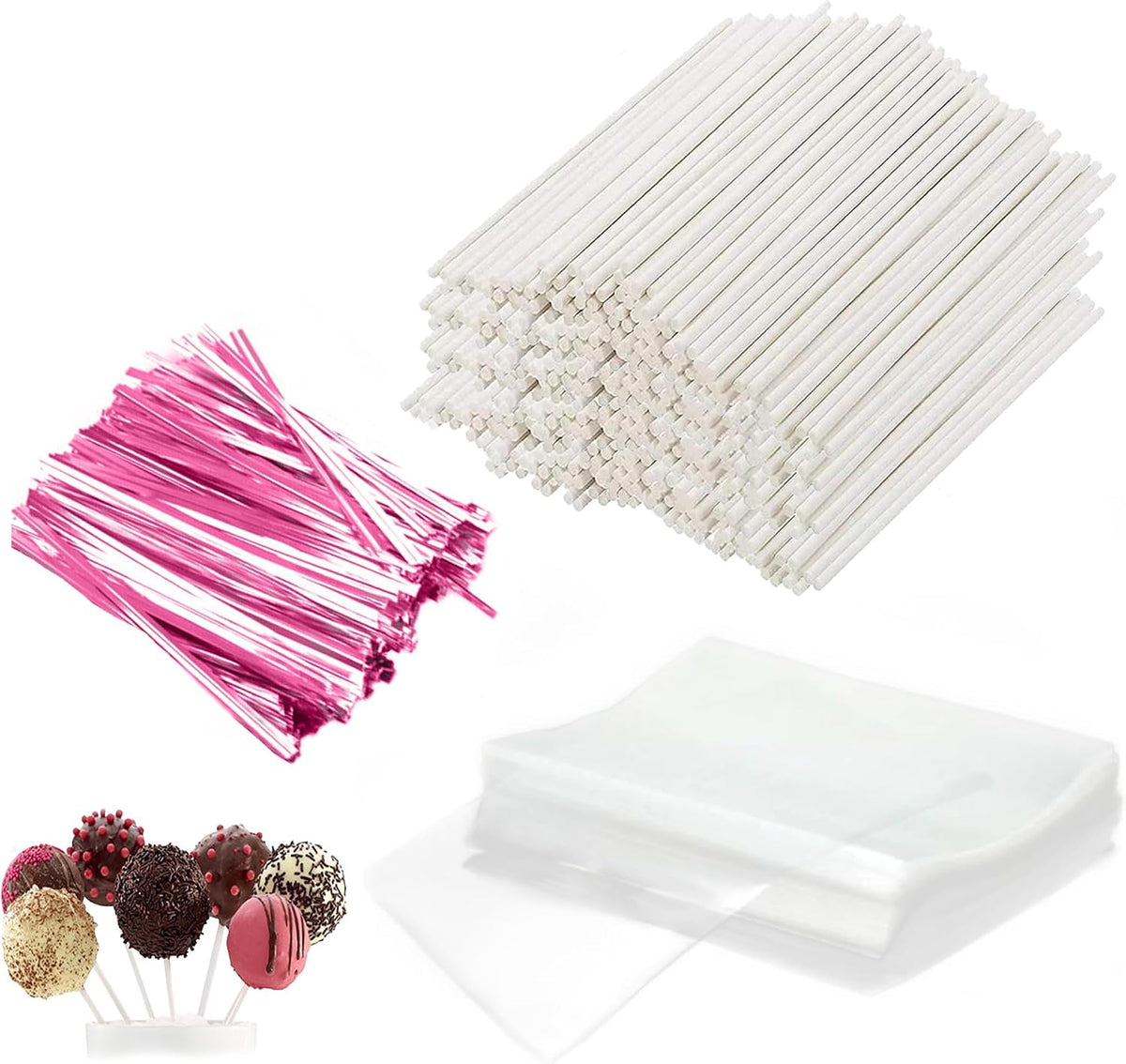 Basquei Cake Pop Sticks 6 Inches, Cake Pop Bags (3.9"X4.7"), Pink Metallic Twist Ties, 600 Pcs Cake Pop Kit Used for, Lollipops Cake, Candies, Chocolates Making Tools