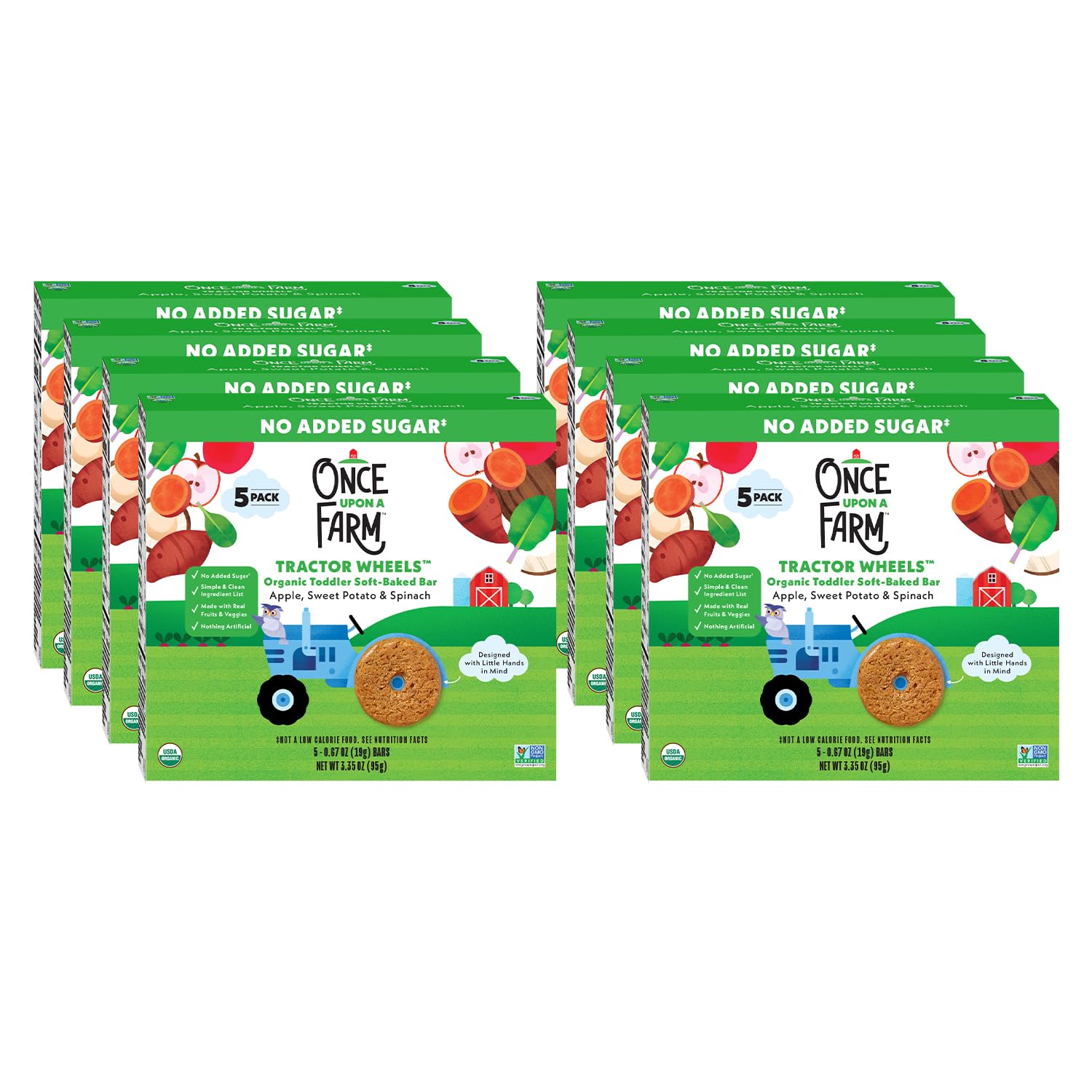 Once Upon A Farm Organic Toddler Soft Baked Bar, Apple, Sweet Potato and Spinach, Tractor Wheels Shaped, Non GMO, Kosher, 3.35 Ounces (Pack of 8)