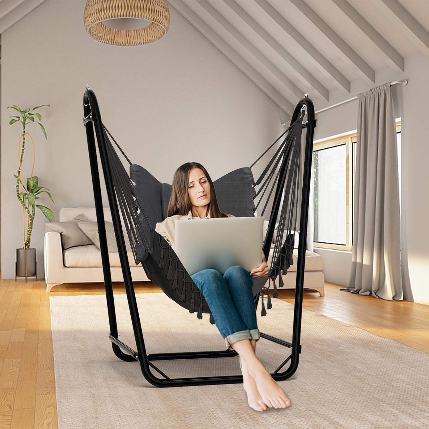 Unique U-Shaped Hammock Chair with Stand,Sturdy & Rust-Resistant,Free Gray Cotton Hammock Chair