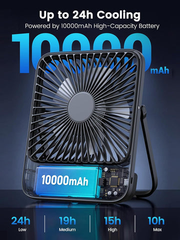 Warmco D3 10000mAh Portable Travel Fan, 7-inch Wide, 10-24H Battery Life