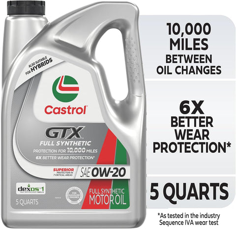 Castrol GTX Full Synthetic 0W-20 Motor Oil, 5 Quarts, Pack of 3