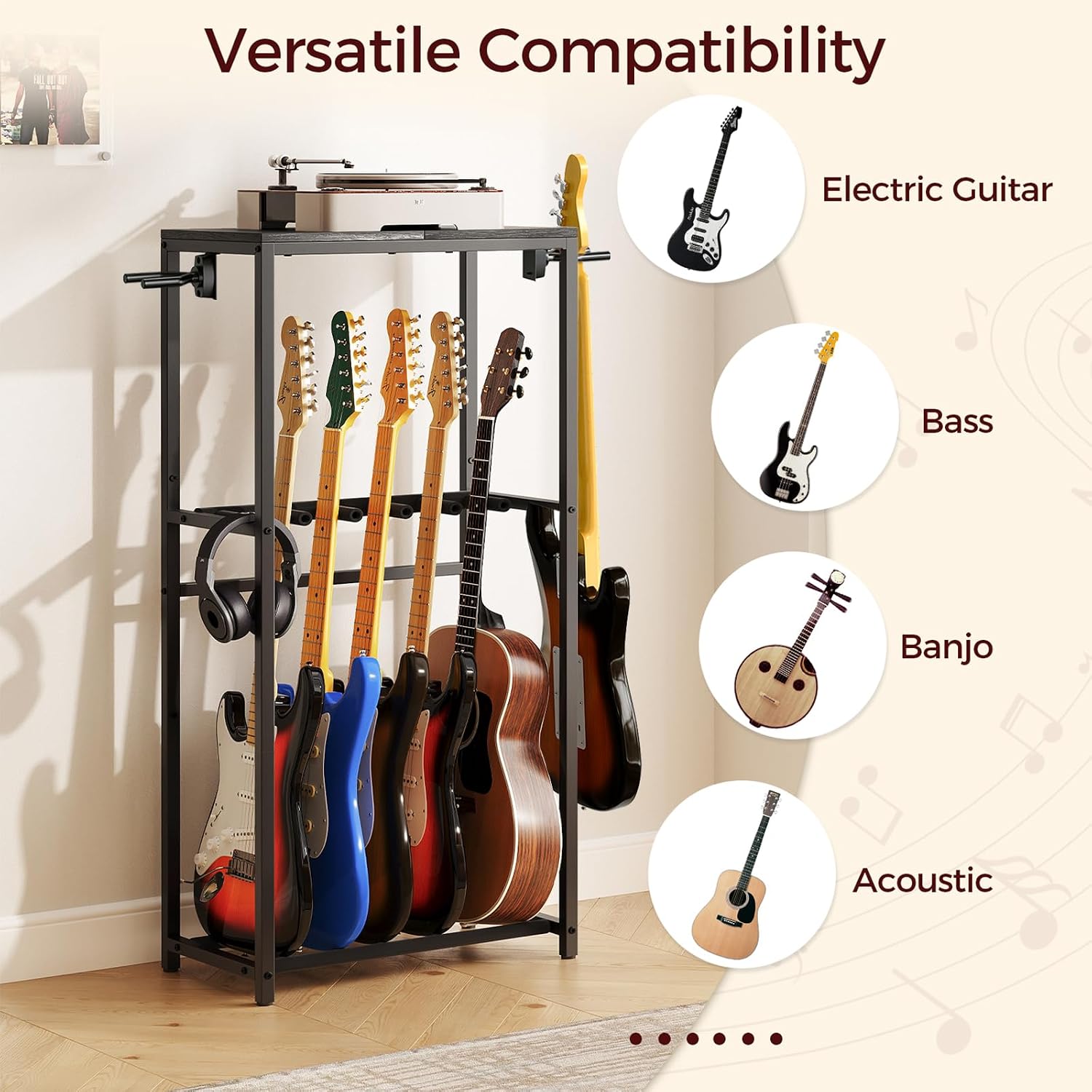 MAHANCRIS Guitar Stand, Guitar Rack for Acoustic Holder, Electric Guitar, Bass, Multiple Guitar Rack Holder for Guitars, Guitar Amp Accessories, for Home Music Studio, Black GSHB6501