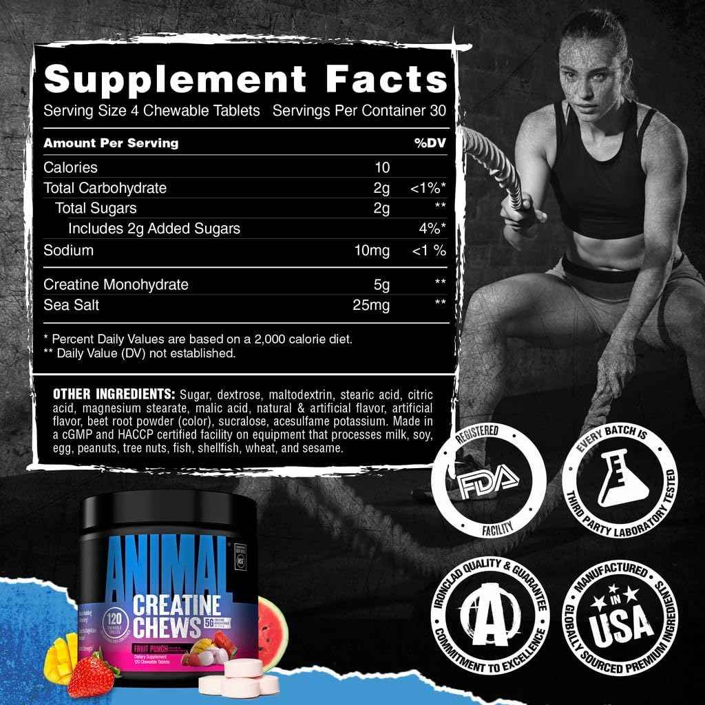 Animal Creatine Chews Tablets - Enhanced Creatine Monohydrate with AstraGin to Improve Absorption, Sea Salt for Added Pumps, Delicious and Convenient Chewable Tablets - Fruit Punch