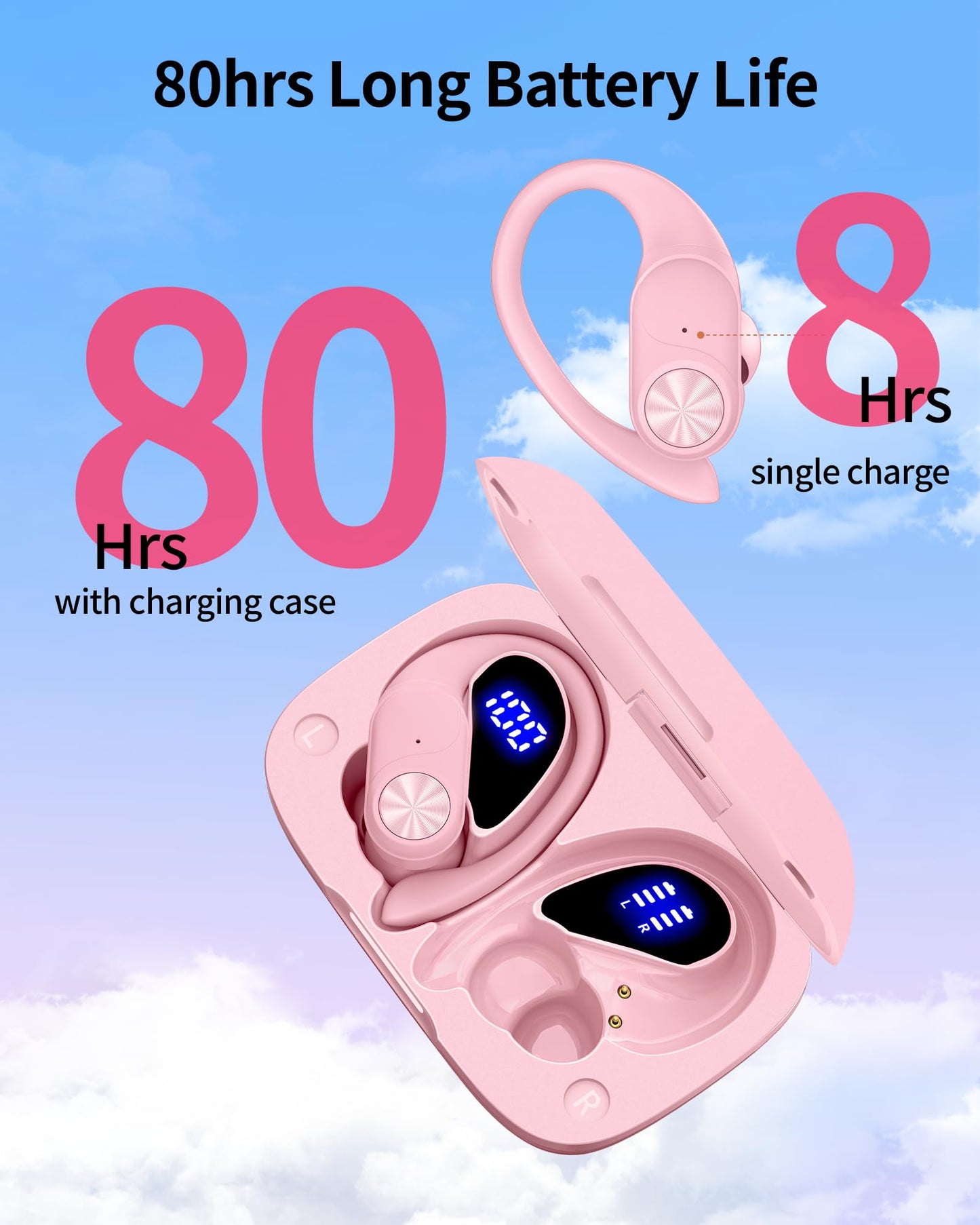 Bluetooth Headphones Wireless Earbuds 80hrs Playtime Wireless Charging Case Digital Display Sports Ear buds with Earhook Premium Deep Bass IPX7 Waterproof Over-Ear Earphones for TV Phone Laptop Pink