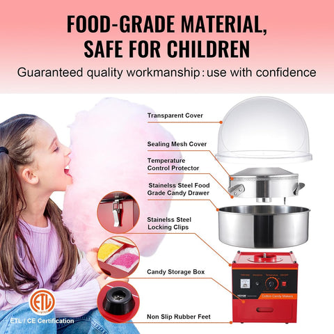 VEVOR Electric Cotton Candy Machine with Cover, 1000W Commercial Floss Maker w/Stainless Steel Bowl, Sugar Scoop and Drawer, Perfect for Home, Carnival, Kids Birthday, Family Party, Red