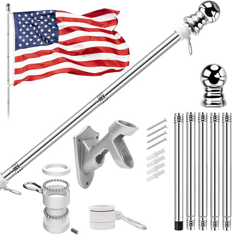 5 FT Flag Pole kit and American Flag 3x5ft with Pole Kit for Outside, Heavy Duty Flag Pole 5FT with 3x5ft American Flag, Stainless Steel Aluminum Multi-Position Flag Pole with Bracket Holder (silver)