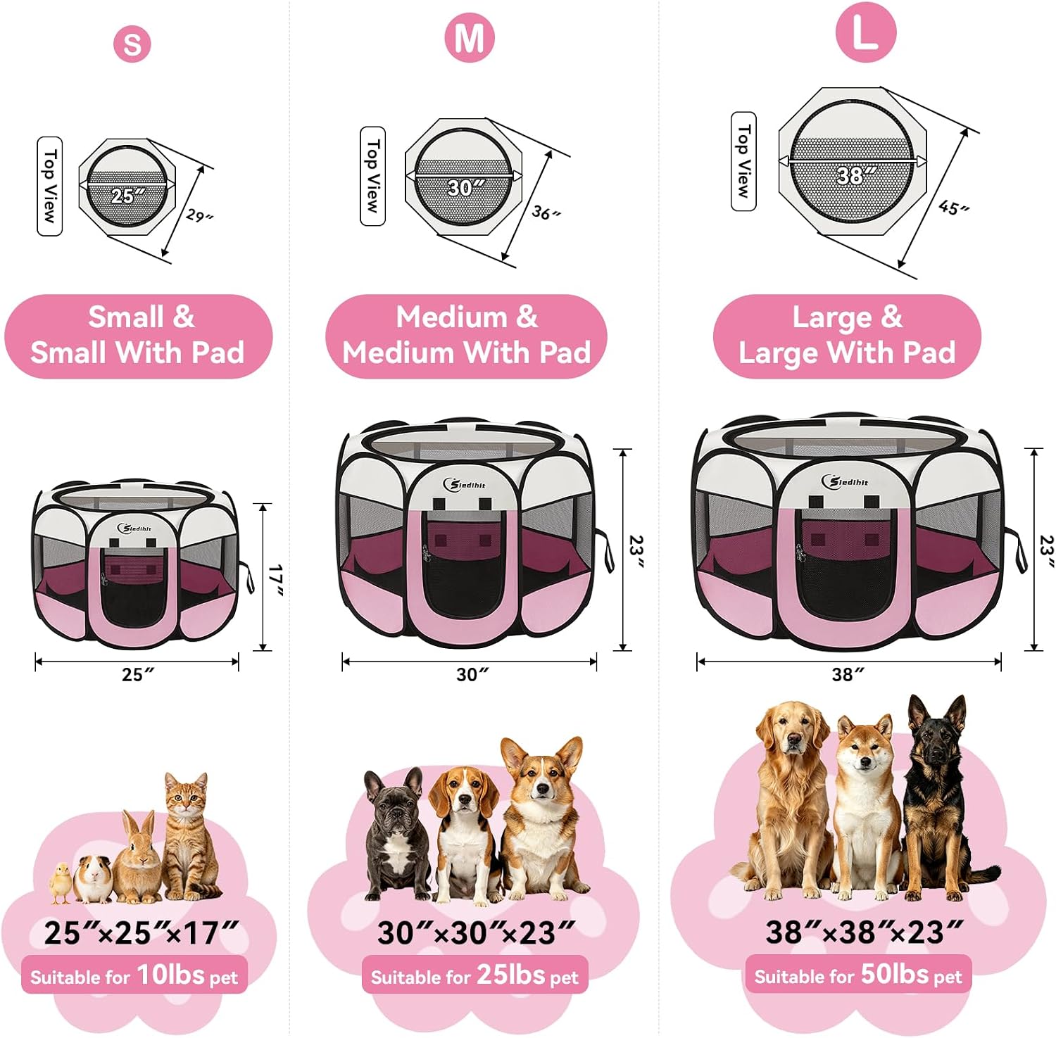 Sieidihit Dog Cat Playpen Tent Crate Cage with Washable Pee Pad, Small Pink