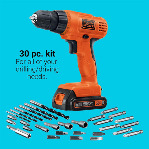 BLACK+DECKER 20V MAX POWERCONNECT Power Drill Cordless Drill Driver Electric Screwdriver with 30 Piece Bit Set, Battery and Charger Included (LD120VA)