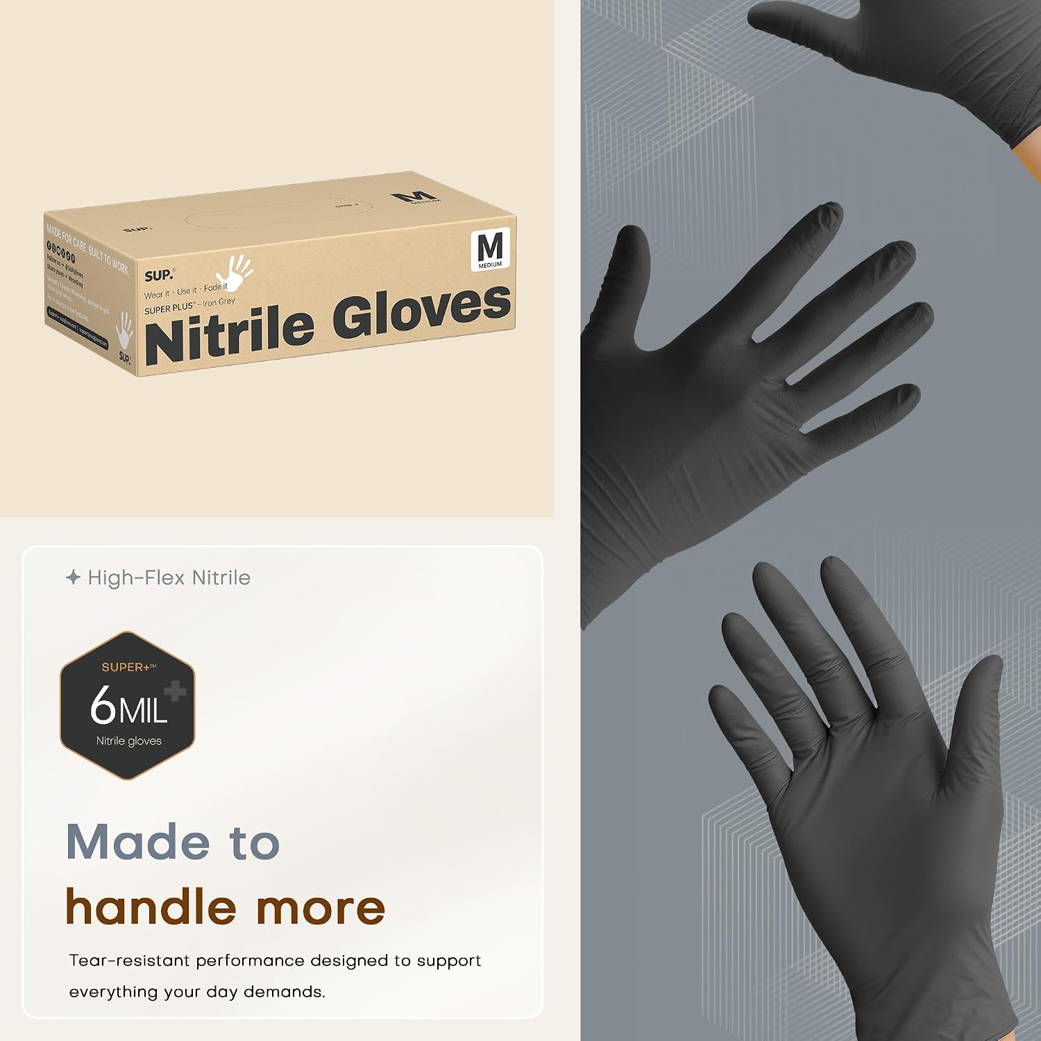 SUPER+ Black Nitrile Gloves HEAVY DUTY 6 Mil Disposable Chemical Resistant Powder & Latex Free Medical Food Safe, 60/600 Ct
