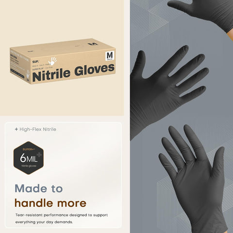 SUPER+ Black Nitrile Gloves HEAVY DUTY 6 Mil Disposable Chemical Resistant Powder & Latex Free Medical Food Safe, 60/600 Ct
