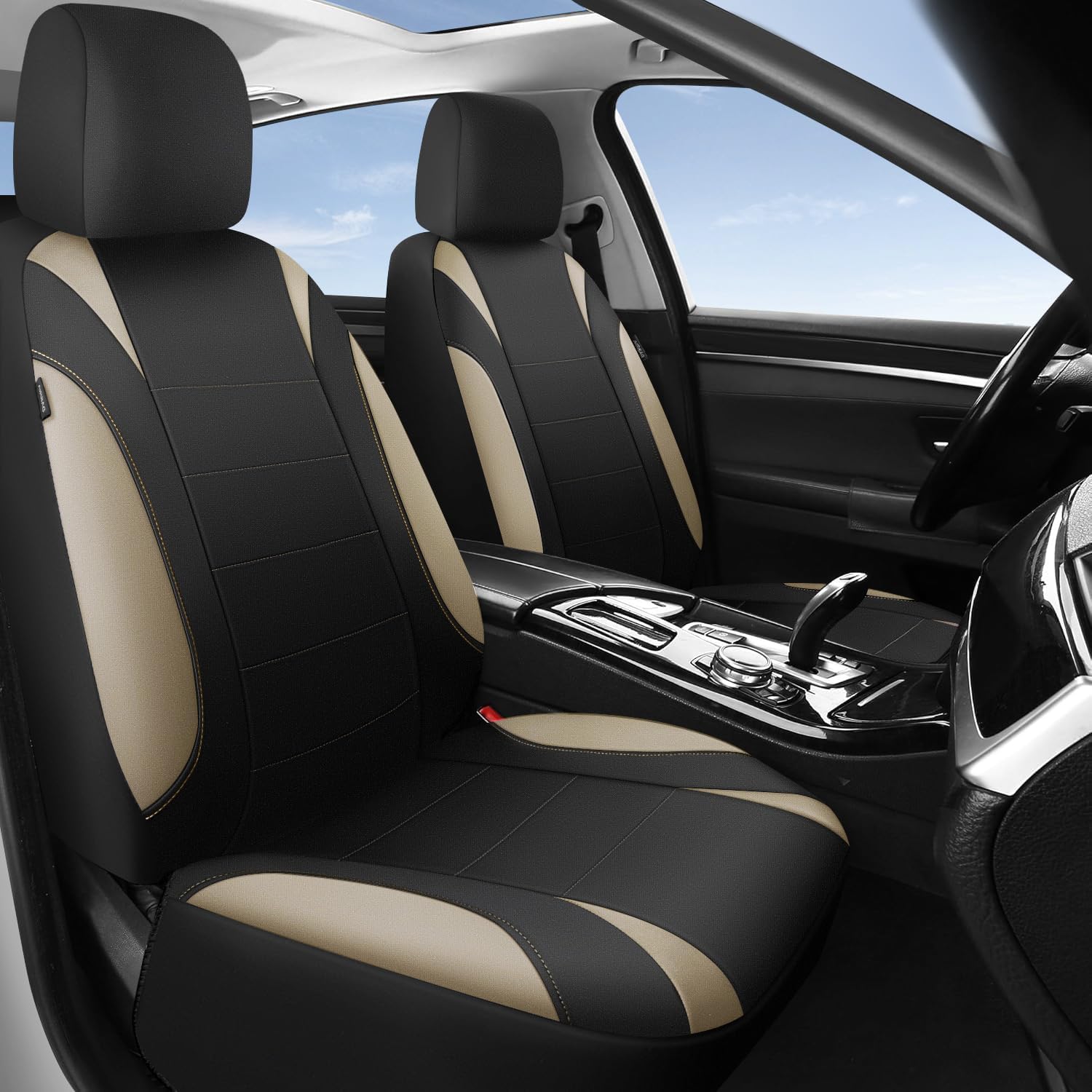 CAR PASS Neoprene EVA Waterproof car seat Covers Front Seats Only, Universal fit for SUV Vehicles Automotive with 5mm Composite EVA Inside,Airbag Compatible (Two Seats 6PCS, Black and Beige)