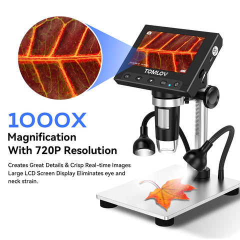 TOMLOV 1000X Error Coin Microscope with 4.3" LCD Screen, USB Digital Microscope with LED Fill Lights, Metal Stand, PC View, Photo/Video, SD Card Included, Windows Compatible, DM4S