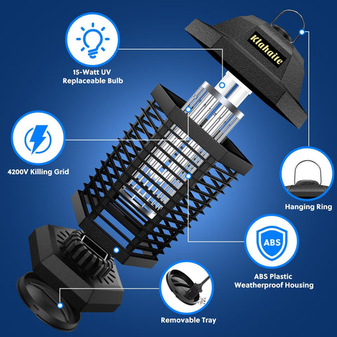 Klahaite Bug Zapper Outdoor, Electric Mosquito Zapper, Fly Zapper Indoor Fly Traps, Mosquito Repellent Outdoor Patio & Backyard Covers 1/2 Acre, 4200V 3 Prong Plug, ABS Fireproof Plastic Outer