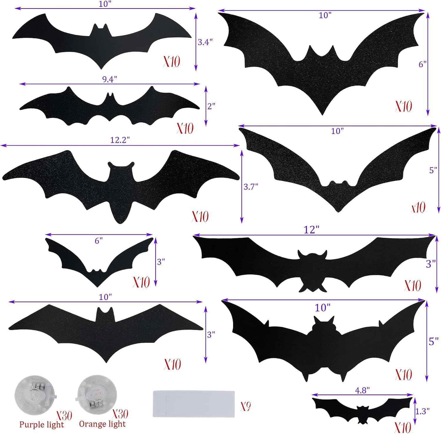 Dazzle Bright 100 PCS Halloween Bats Stickers with 60 Purple and Orange Lights, Lighted 3D Bat Wall Stickers, Halloween Decorations for Indoor Home Garage Window Decor Party Supplies