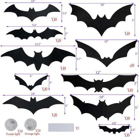 Dazzle Bright 100 PCS Halloween Bats Stickers with 60 Purple and Orange Lights, Lighted 3D Bat Wall Stickers, Halloween Decorations for Indoor Home Garage Window Decor Party Supplies