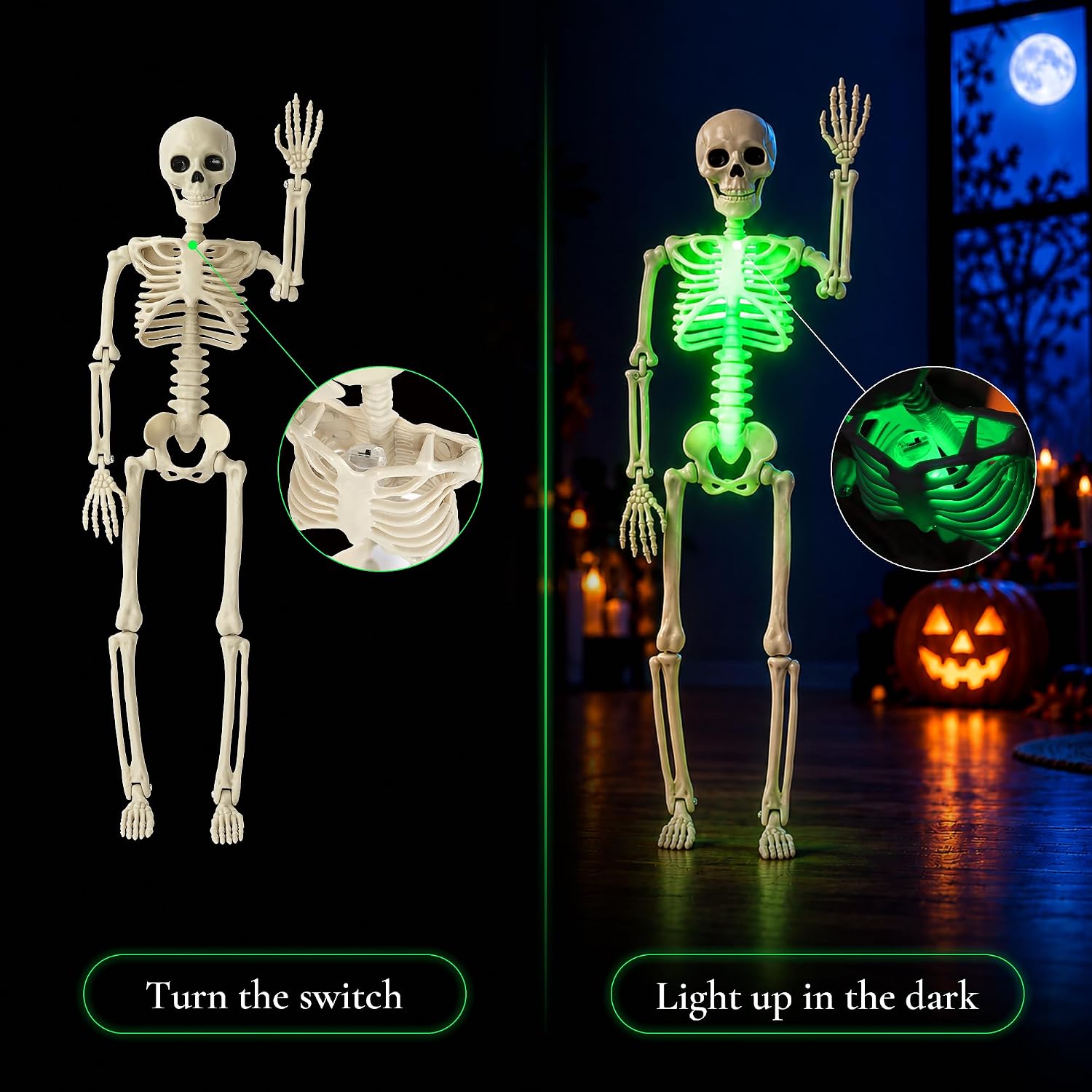 Kelool 16" Light Up Skeleton Halloween Decorations,5 Pack Posable Skeleton with Movable Joints,Scary Halloween Skeleton Halloween Decor for Haunted House Props Halloween Decorations Indoor Outdoor