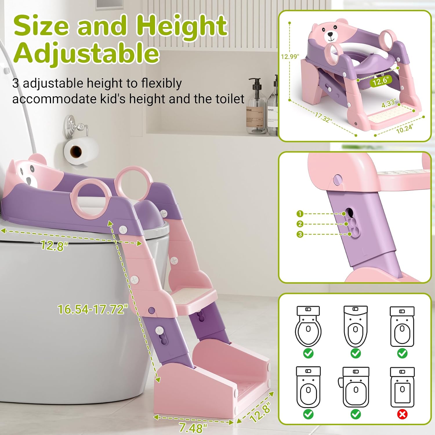 COOSEYA 2-in-1 Potty Training Seat & Potty Chair, Toddler Toilet Seat with Step Stool Ladder, Height Adjustable Foldable Potty Training Toilet for Kids Boys Girls with Splash Guard & Anti-Slip Steps