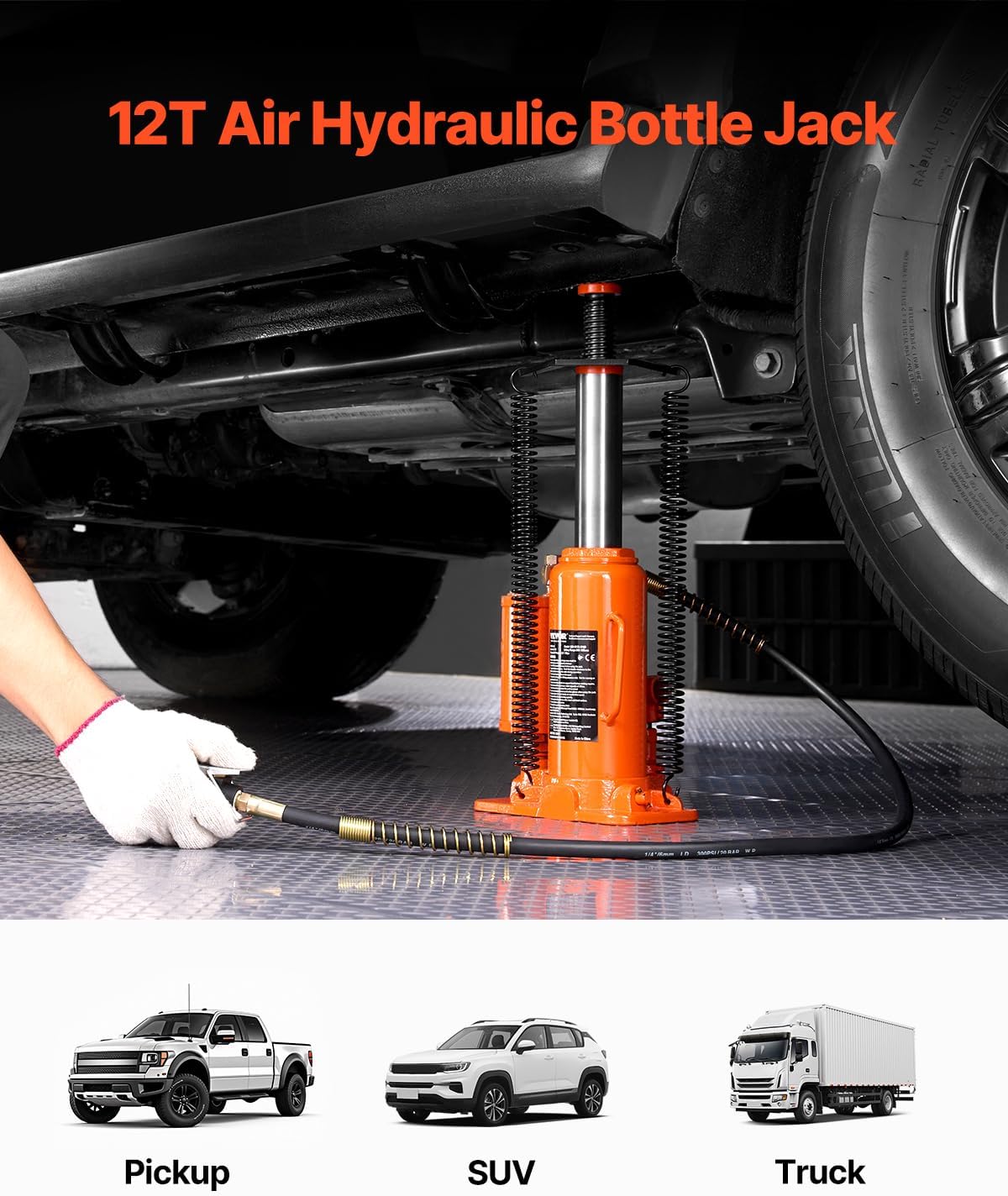 VEVOR Air Hydraulic Bottle Jack, 12 Ton/26455 lbs Pneumatic Hydraulic Bottle Jack with 10.43''-19.88'' Lifting Range & Manual Hand Pump, for Pickup, Truck, RV, Auto Repair, Industrial Engineering