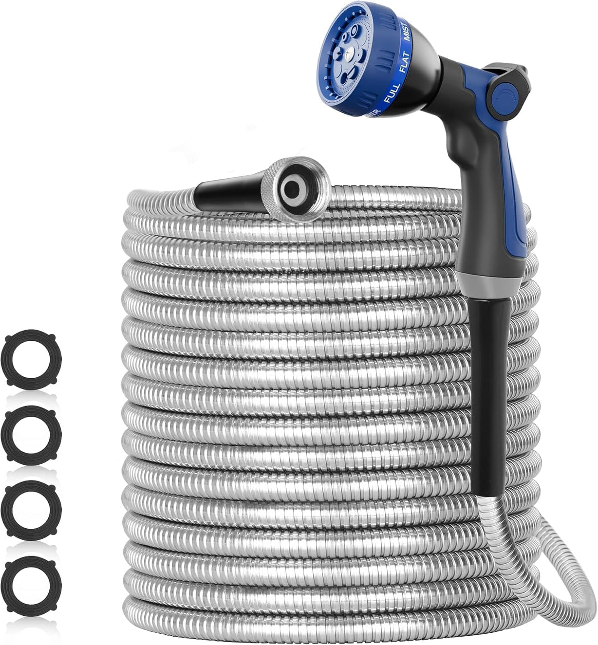 SPECILITE 125ft 304 Stainless Steel Metal Garden Hose with Blue Nozzle