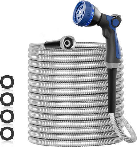SPECILITE 125ft 304 Stainless Steel Metal Garden Hose with Blue Nozzle