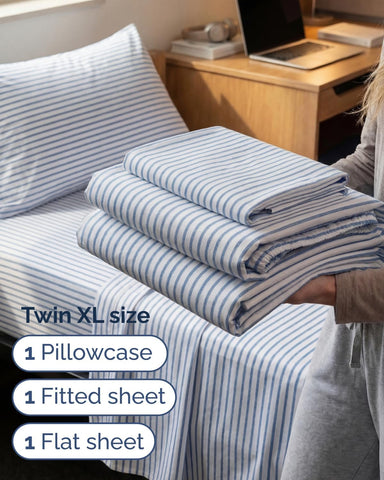 Twin XL 3 Piece Sheet Set - College Dorm Room Essentials - Blue Stripes
