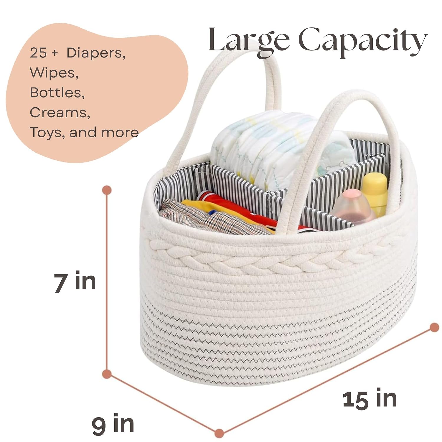 luxury little Diaper Caddy Organizer, Large Cotton Rope Nursery Baby Basket, Changing Table Organizer for Baby Diaper Storage, Portable Car Organizer Removable Divider (Off White, Large)