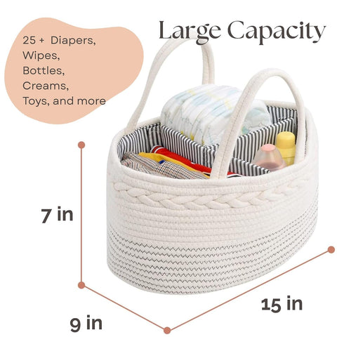 luxury little Diaper Caddy Organizer, Large Cotton Rope Nursery Baby Basket, Changing Table Organizer for Baby Diaper Storage, Portable Car Organizer Removable Divider (Off White, Large)