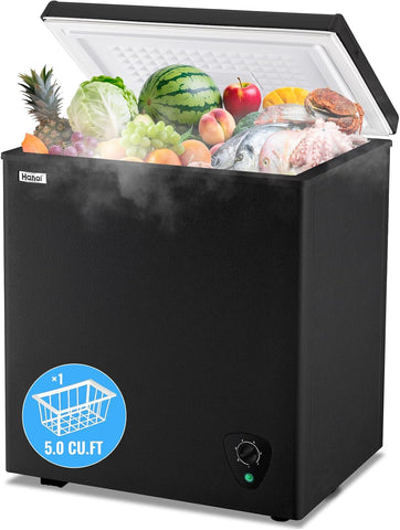 WANAI Chest Freezer Small Deep Freezer with Large Capacity Fast Freezing Freezers for Home Office Dorm with One Removable Basket, Wheels & Adjustable Feet, 7 Temp Control from -12℉ to 50℉, Black
