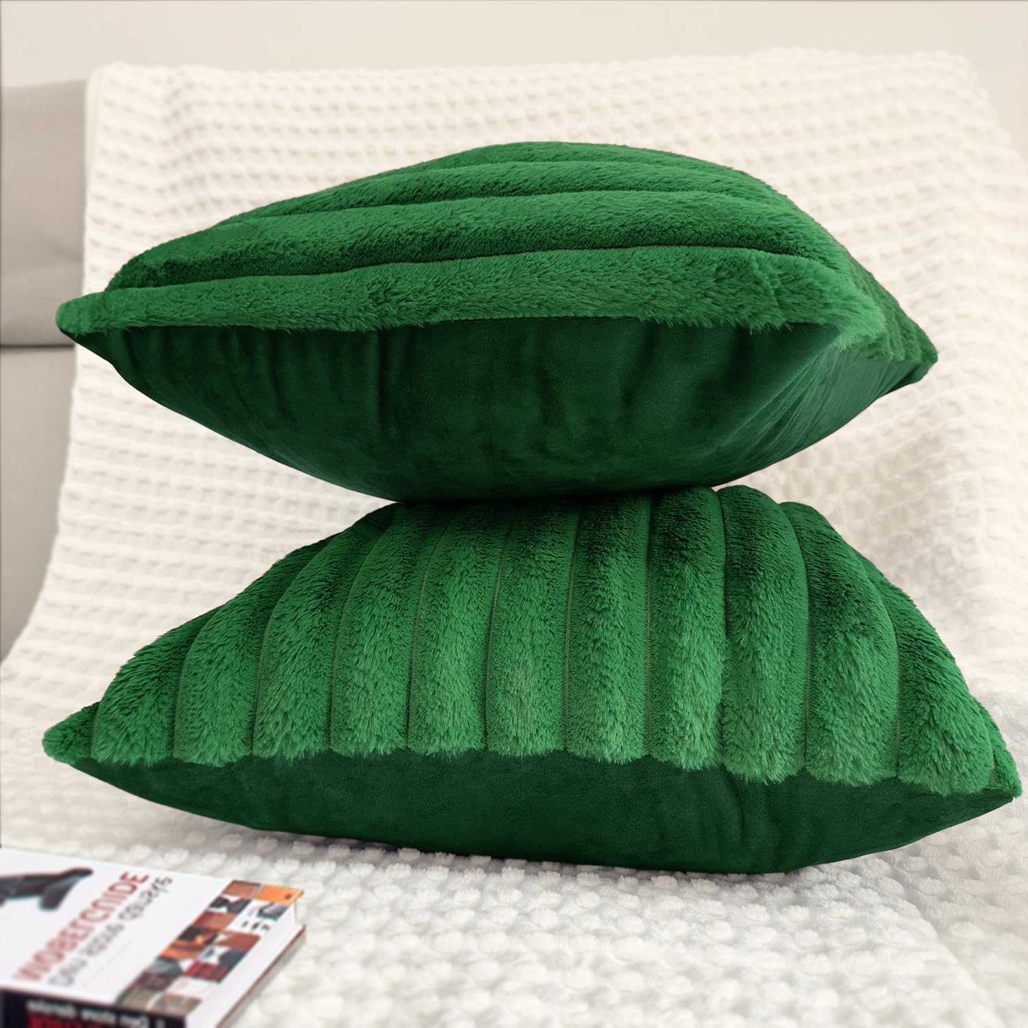 2 Pack 24x24 Pillow Cover Velvet Pillow Covers, Faux Fur Square Throw Pillow Covers for Living Room Decorations Throw Pillow Case, Throw Pillow Cover Cushion Cover for Sofa Bedroom Car, Dark Green