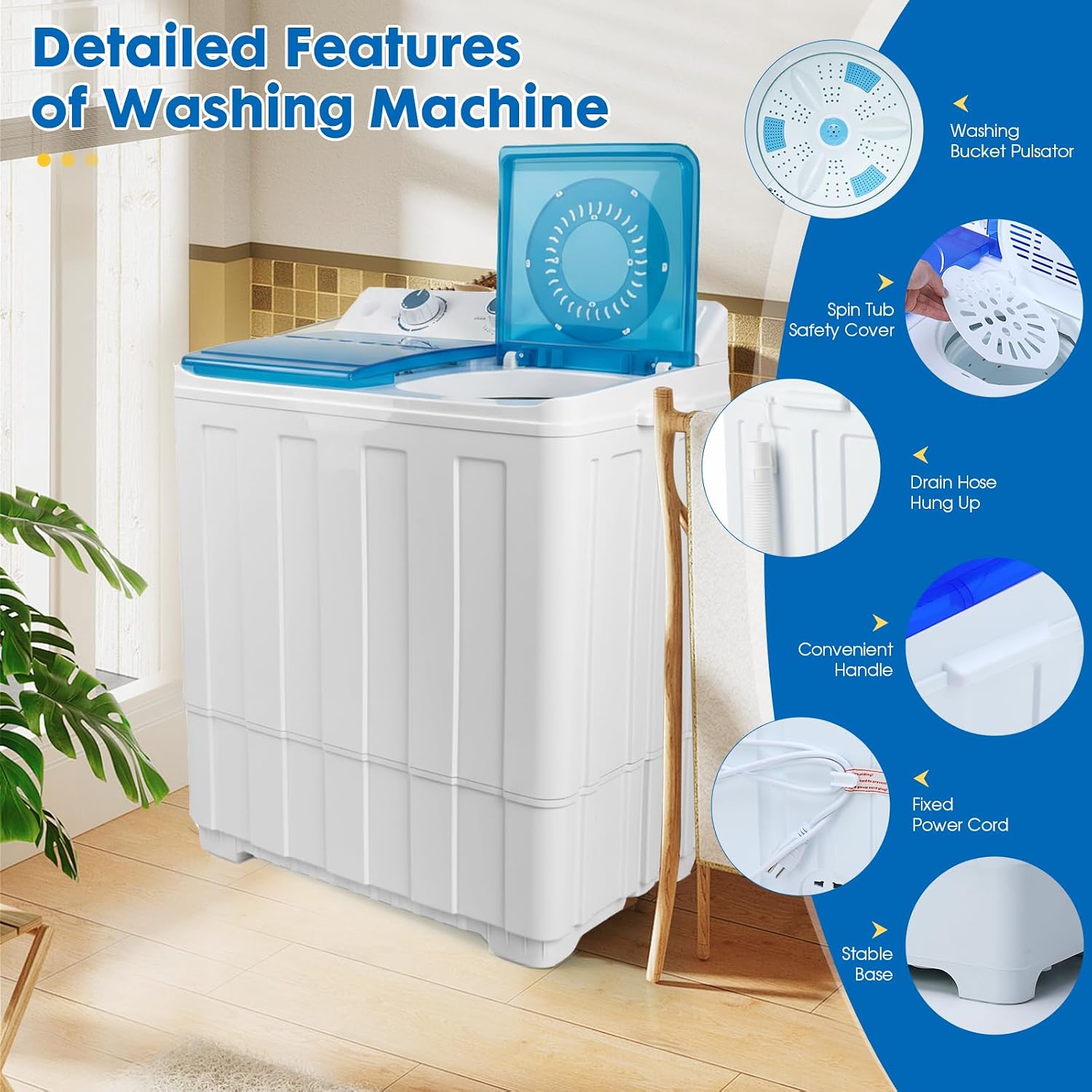Dawmilon Portable Washing Machine Twin Tub - 14lbs Compact Washer (9.5lbs) and Spinner Dryer (4.5lbs) Combo - Semi Automatic for Apartments, Dorms, RVs, Camping - Blue
