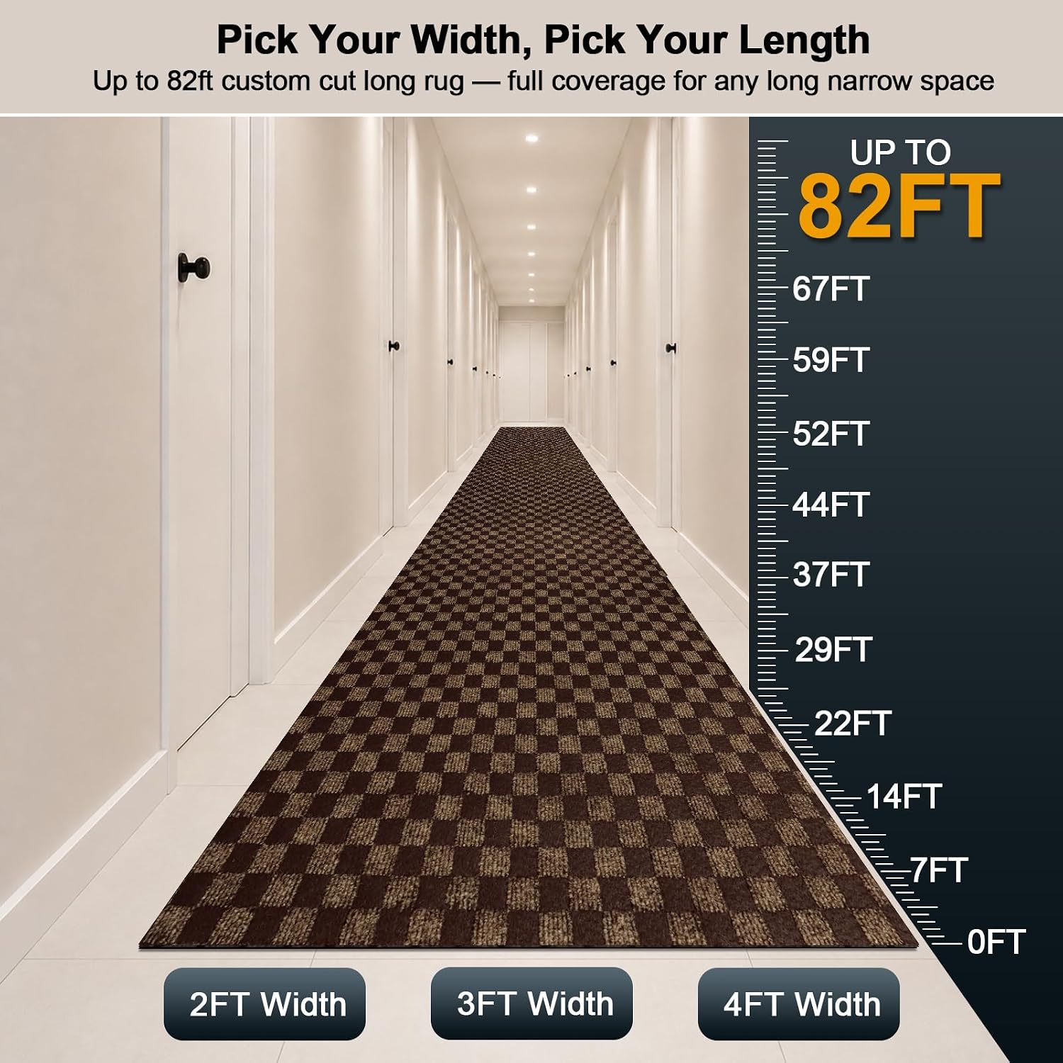 Runner Rug 2' x 6' Outdoor/Indoor, Rug with Natural Rubber Backing Non Slip for Hallway, Kitchen, Patio, Laundry, RV, Entryway, Garage, Bathroom, Area Rug Carpet, Brown Checkered, Custom Size