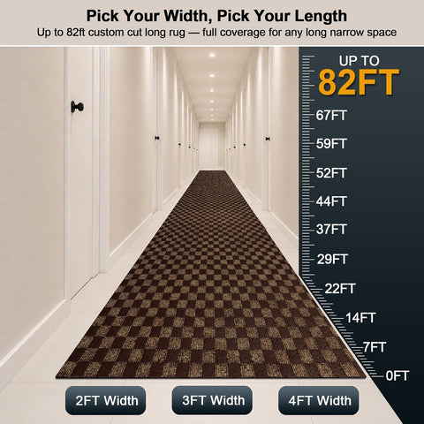 Runner Rug 2' x 6' Outdoor/Indoor, Rug with Natural Rubber Backing Non Slip for Hallway, Kitchen, Patio, Laundry, RV, Entryway, Garage, Bathroom, Area Rug Carpet, Brown Checkered, Custom Size