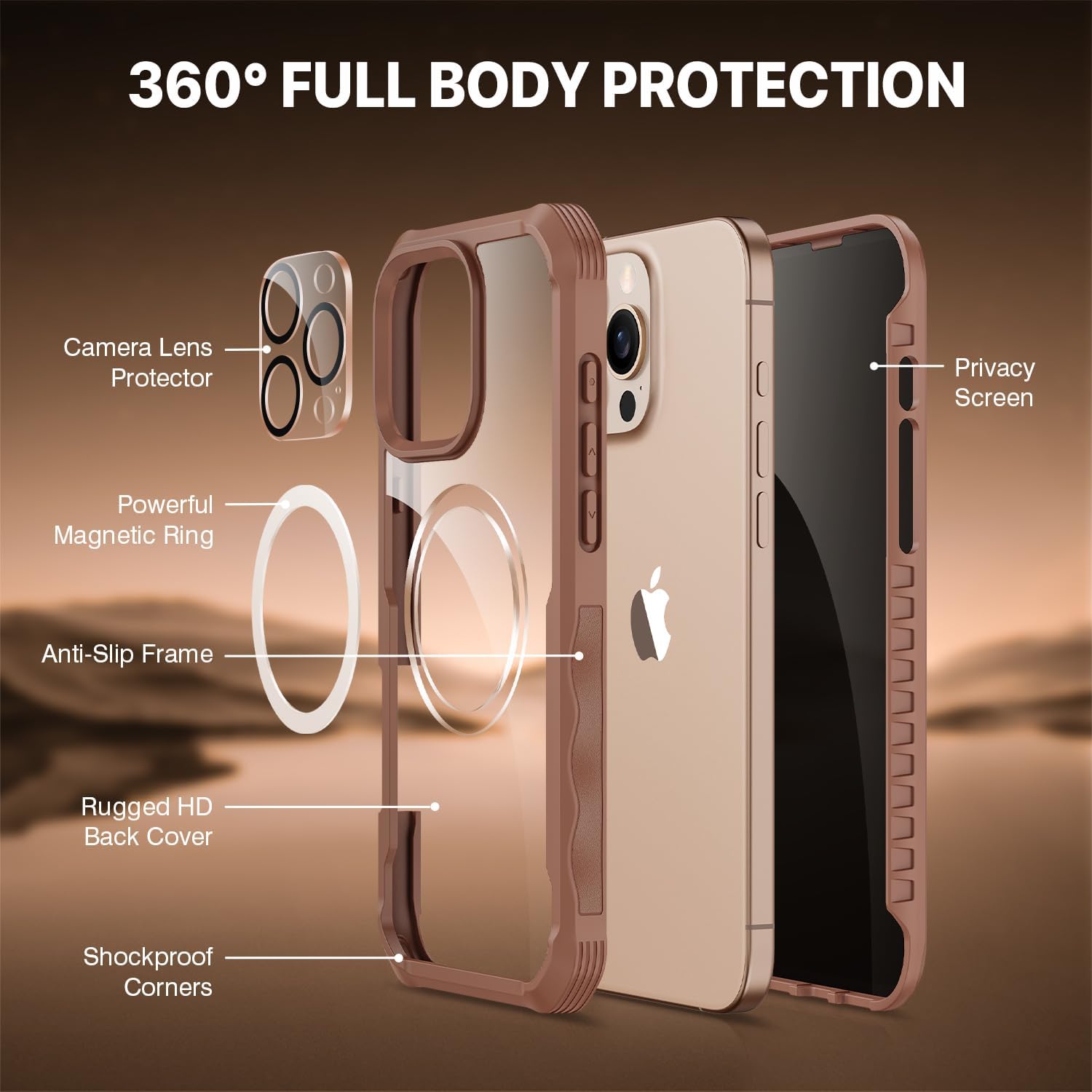 CENHUFO Privacy for iPhone 16 Pro Case, Compatible with Magsafe Magnetic Full Body Case Built-in 9H Tempered Glass Privacy Screen Protector and Camera Lens Protector, Shockproof Cover -Desert Brown