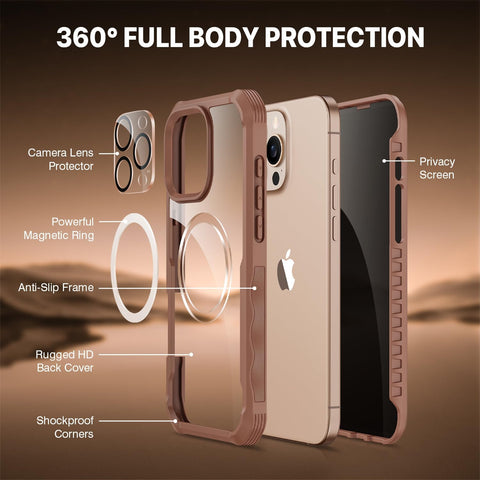 CENHUFO Privacy for iPhone 16 Pro Case, Compatible with Magsafe Magnetic Full Body Case Built-in 9H Tempered Glass Privacy Screen Protector and Camera Lens Protector, Shockproof Cover -Desert Brown