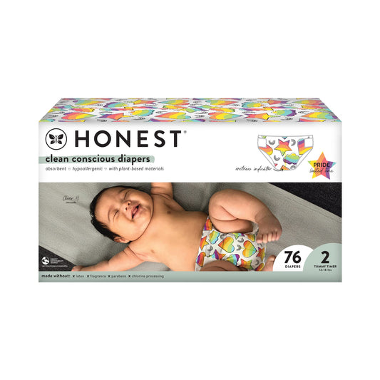 The Honest Company Clean Conscious Diapers | Plant-Based, Sustainable | Pride Love for All | Club Box, Size 2 (12-18 lbs), 76 Count