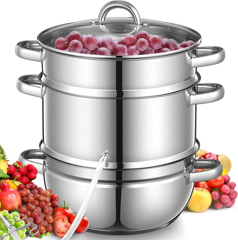 FOHERE 11Qt Steam Juicer Extractor Stainless Steel, Juice Steamer Pot for Fruit & Vegetables with Glass Lid, Hose, Clamp, Loop Handles, Ideal for Making Fresh Juice, Jelly, and Sauces