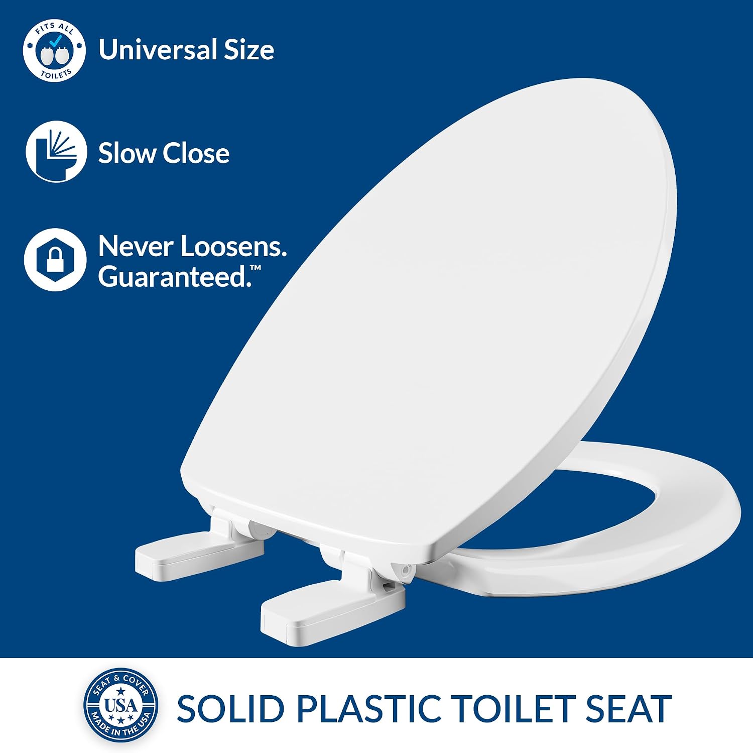 Mayfair Universal Size Slow Close Toilet Seat, Durable Plastic, Fits Round & Elongated Toilets, White