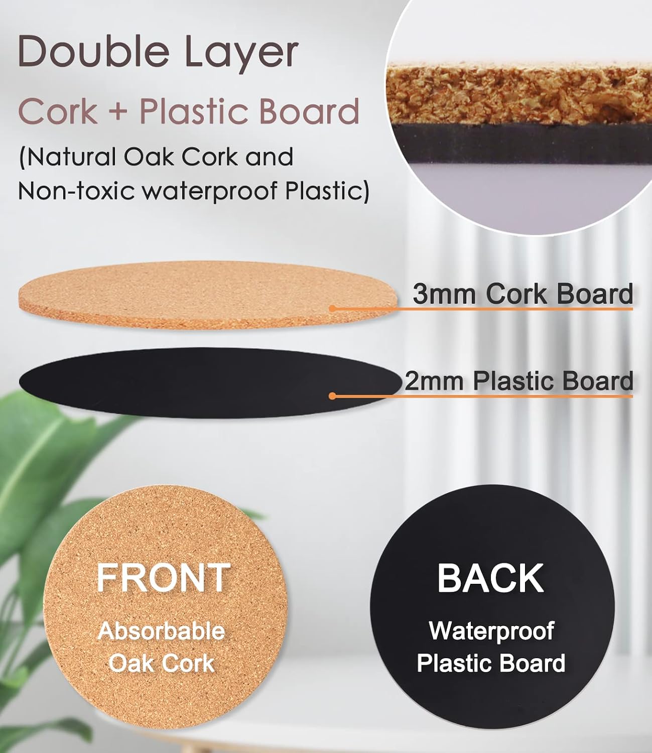 Cork Plant Coasters, Double Layers 8 Inch Cork Planter Coaster, Absorbent Cork Plant Mats, Cork Plant Coasters for House Plants, 6 Pcs
