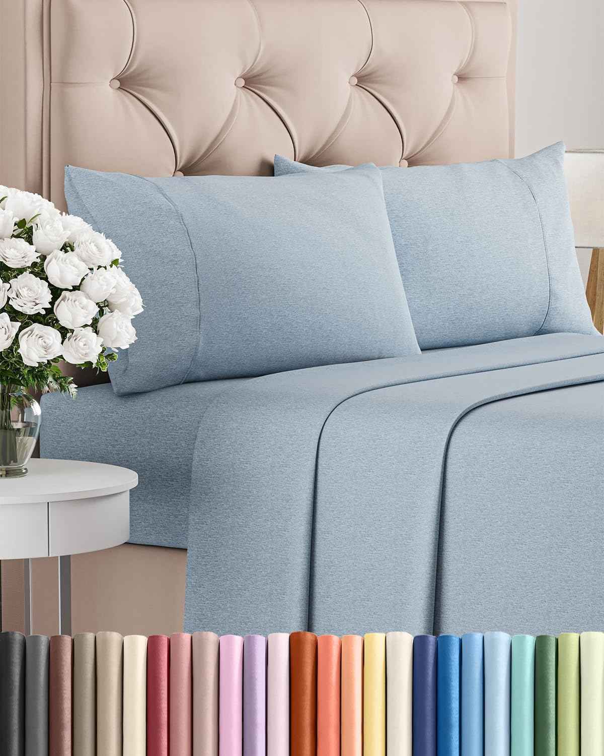 Full Size 4 Piece Sheet Set - Breathable & Cooling Sheets - Heathered Blue