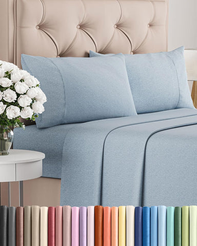 Queen Size 4 Piece Sheet Set - Breathable & Cooling Sheets - Heathered Blue