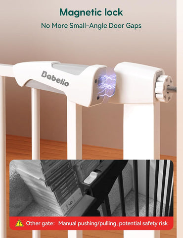 Babelio 29-43" Magnetic Baby Gate for Stairs,Doorways House,Kitchen,30" Tall Pet Door with Baffles,Pressure Mounted & Dual-Lock Design Safety for Kids Toddler,Auto-Close/Hold-Open,White
