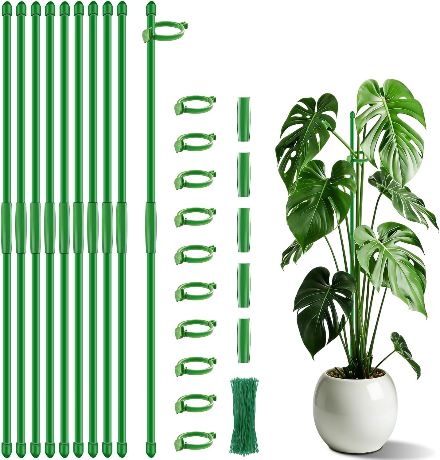 Plant Stakes 17 inch SupKing Support Stick Orchid Stakes with Clips 10Pcs Garden Plant Poles Extended to 3/4/5ft for Indoor Outdoor Potted Tomato Rose Amaryllis Vegetables Monstera -Green
