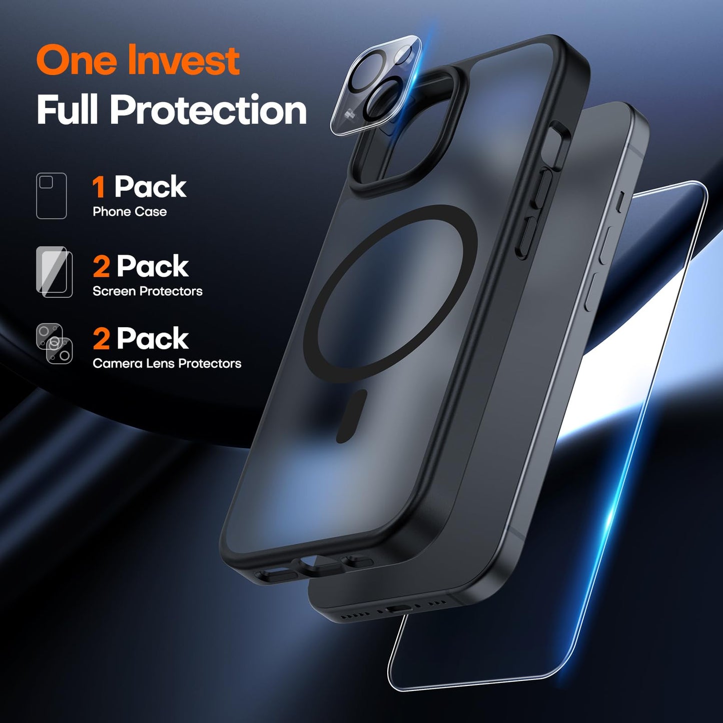 TAURI 5 in 1 Magnetic for iPhone 15 Case Frosted Black, [Designed for Magsafe] with 2X Screen Protectors +2X Camera Lens Protectors, Shockproof Slim Translucent Matte Case for iPhone 15, 6.1"