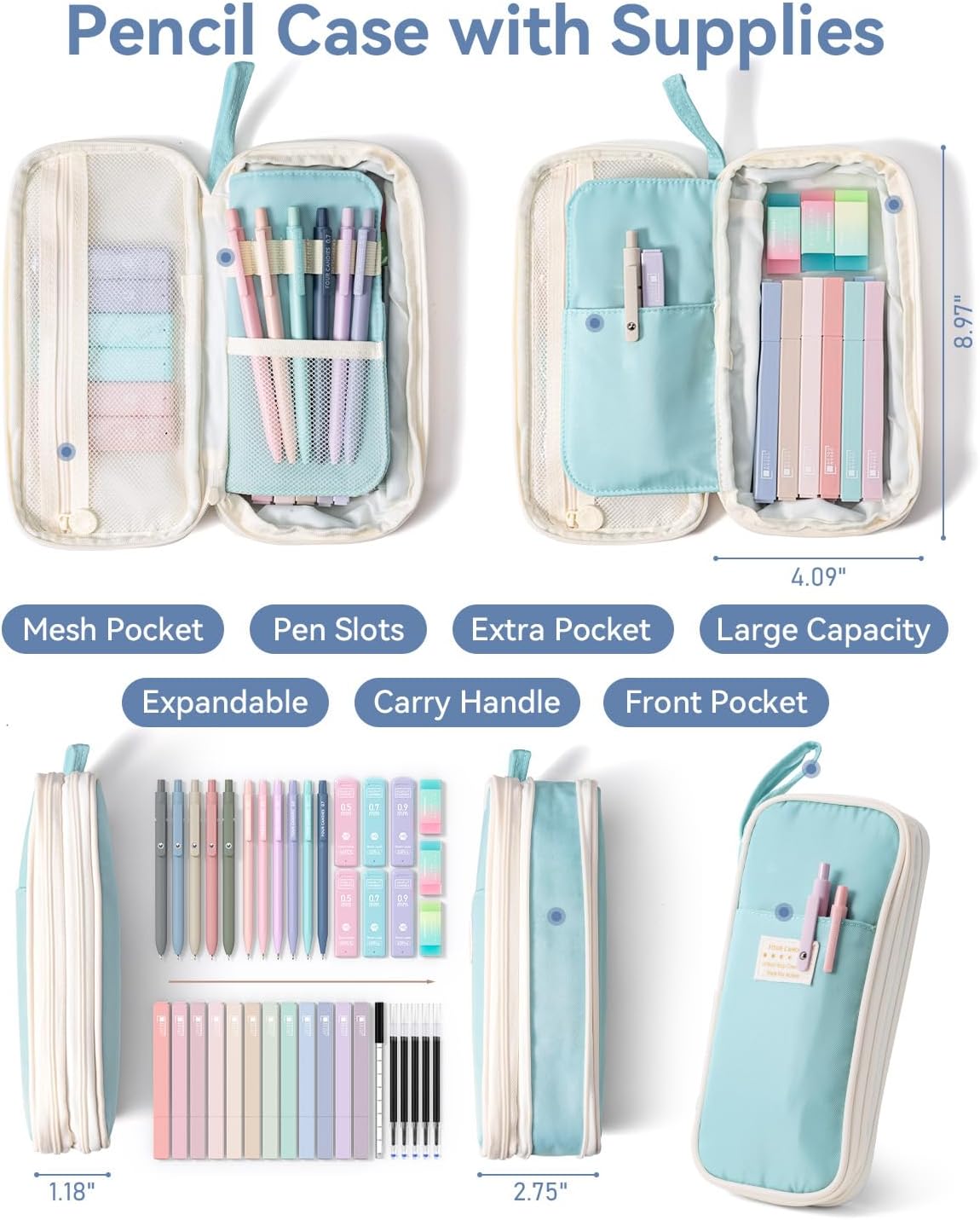 Four Candies School Supplies with Cute Pencil Case, 39ct, Blue