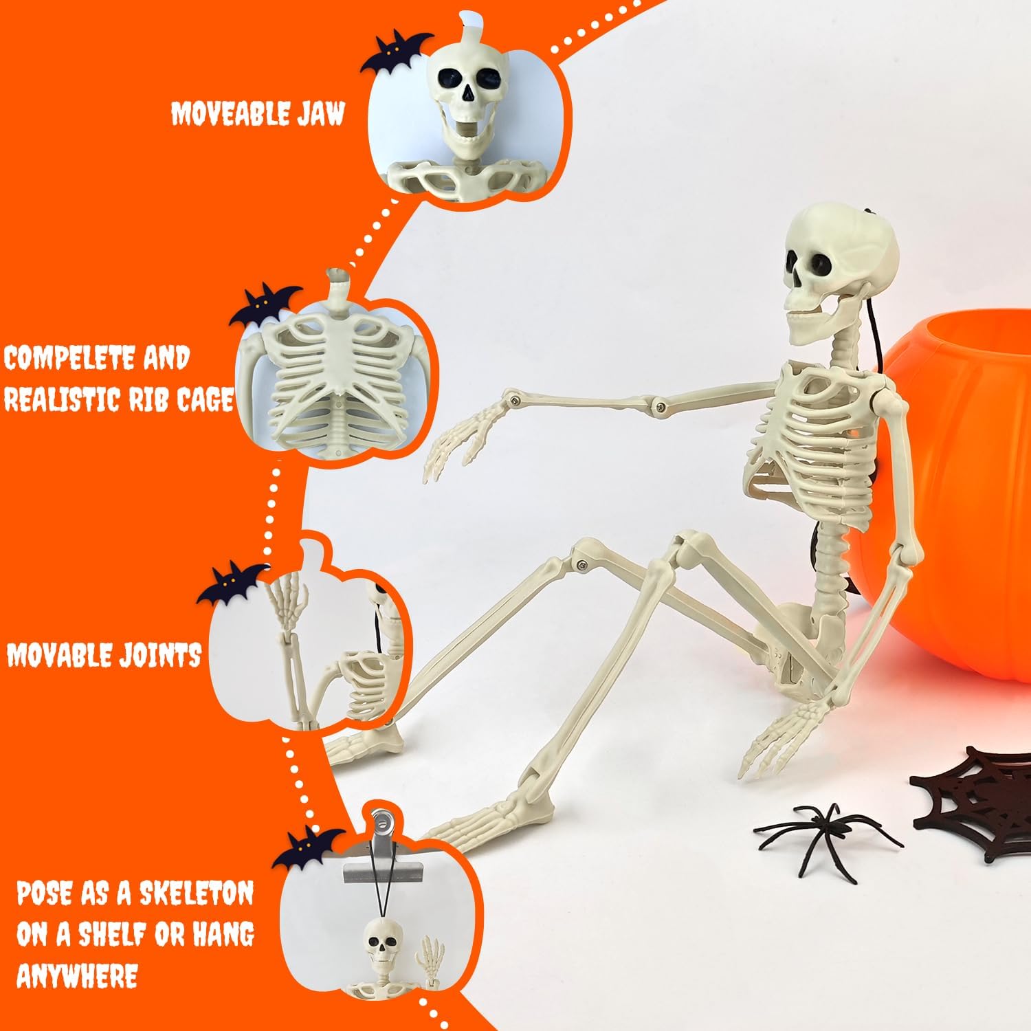 4 PCS 16'' Halloween Decor, Small Posable Plastic Skeletons Decorations