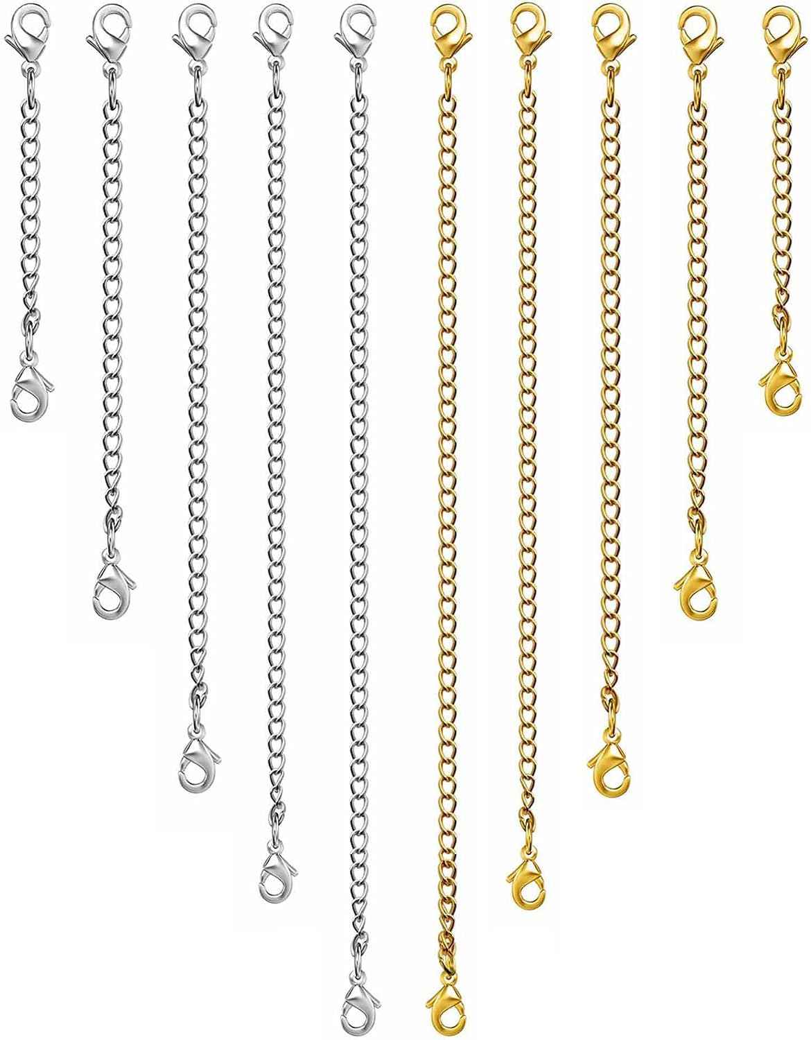 OHINGLT Necklace Extender 10Pcs Chain Extenders for Necklaces Bracelet, 14K Gold and Silver Plated Stainless Steel Extension Chain for Women Jewelry Making