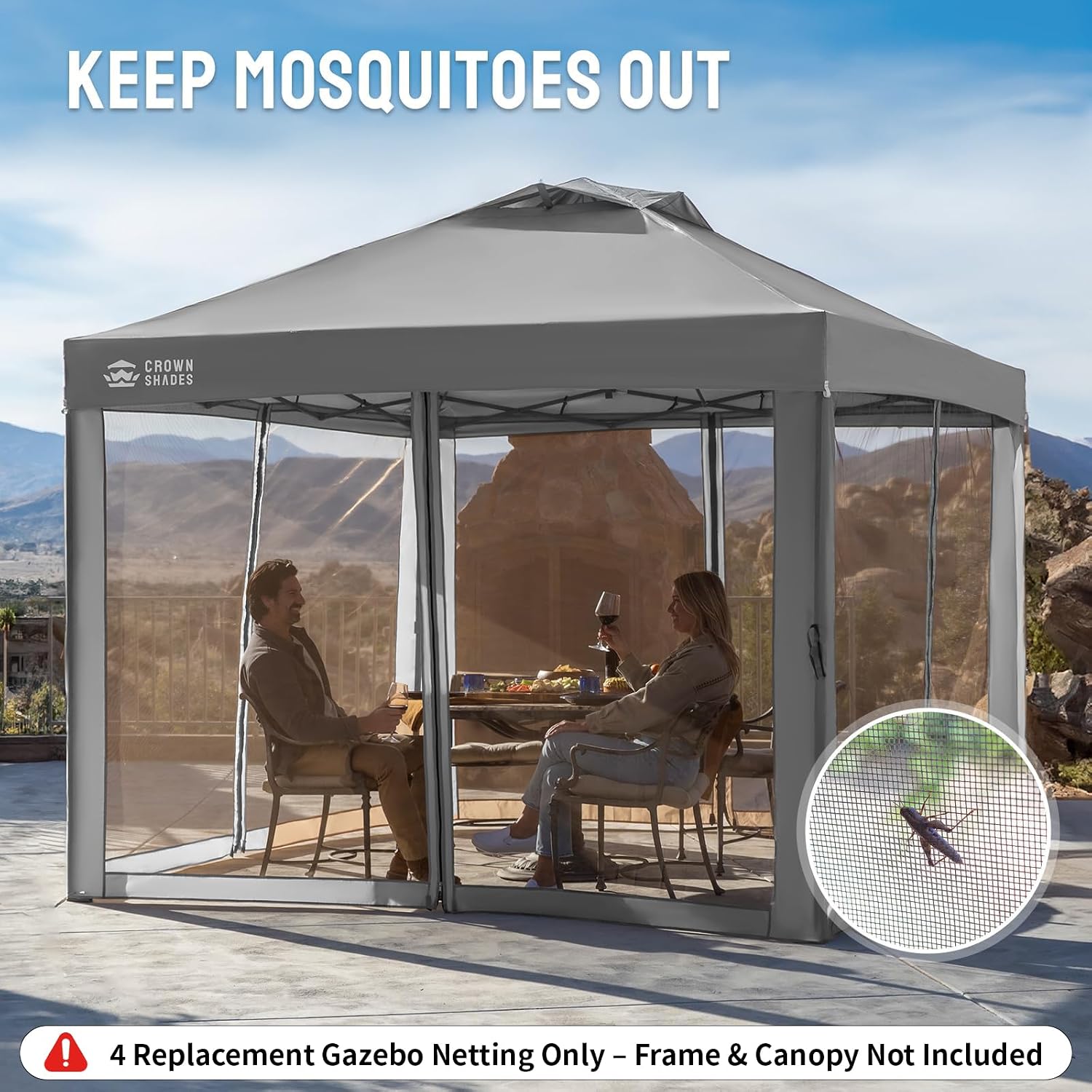 CROWN SHADES Gazebo Replacement Mosquito Netting, 10 x 10ft, Grey