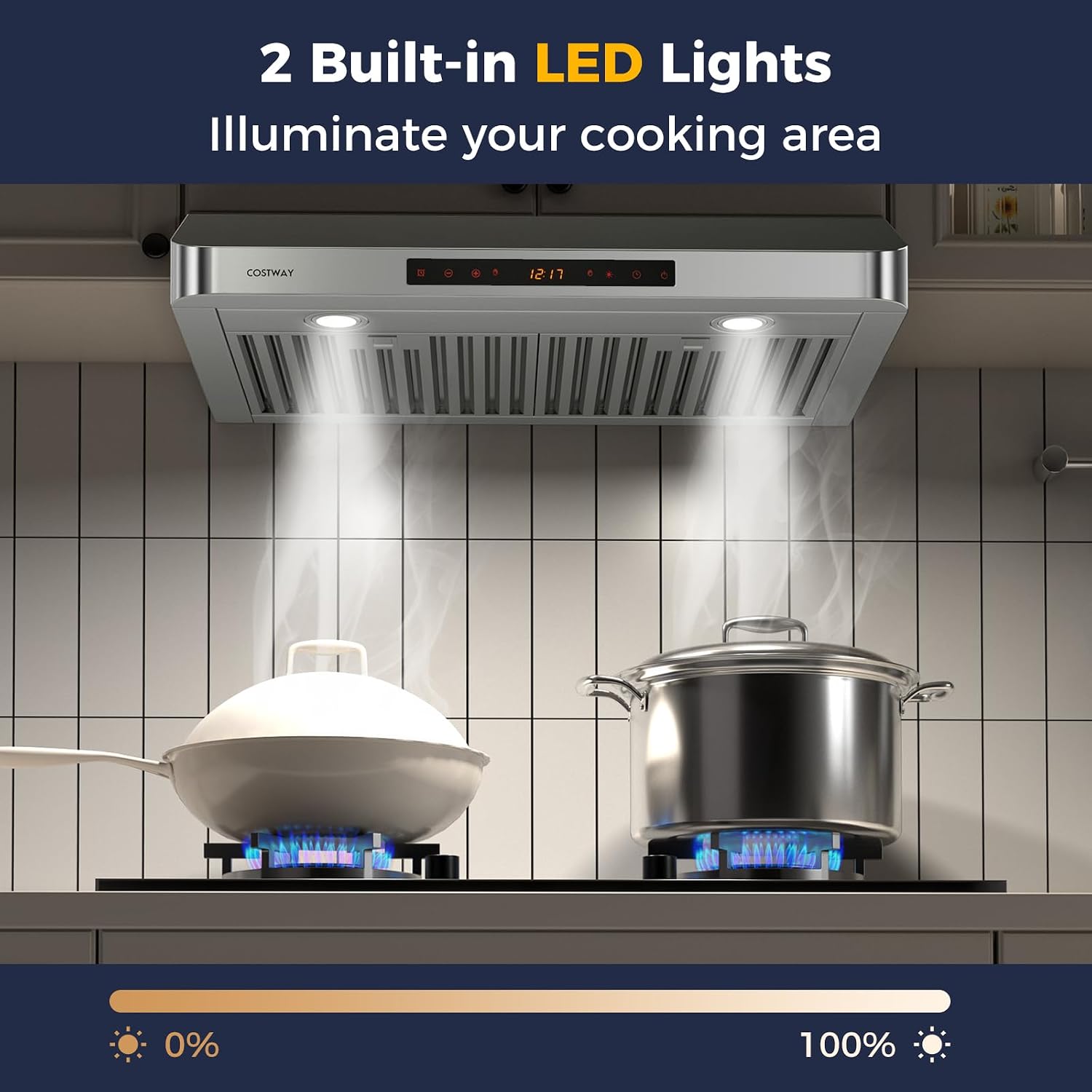 COSTWAY 30 Inch Under Cabinet Range Hood, 900 CFM Kitchen Vent w/ 4 Speed, Adjustable LED Lights & Time Setting, Gesture/Touch/Remote Control, 3 min Delay Shut-Off, with 2 Pcs Baffle Filters