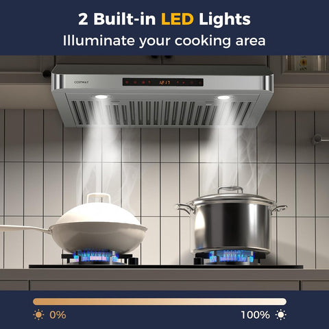 COSTWAY 30 Inch Under Cabinet Range Hood, 900 CFM Kitchen Vent w/ 4 Speed, Adjustable LED Lights & Time Setting, Gesture/Touch/Remote Control, 3 min Delay Shut-Off, with 2 Pcs Baffle Filters